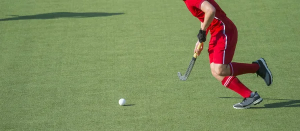 Hockey player with ball in attack playing field hockey game