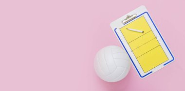 Voleybol ve taktik kurulu pembe arka plan üzerinde marker ile. Üstte görüntü