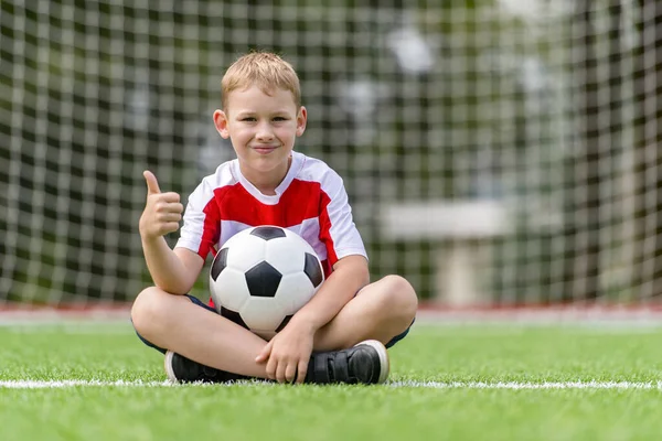 Boy Posing Soccer Ball Green Grass Sports Training Field Kid — Stock Photo, Image