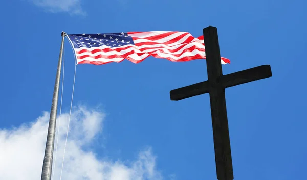 3D ILLUSTRATION: American USA flag and religious Christian cross with blue sky and clouds