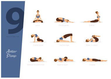 Daha iyi uyku için 9 yoga pozunun vektör illüstrasyonu