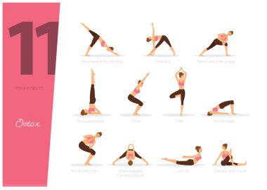 Vücudunun zehirden arınması için 11 Yoga illüstrasyonunun vektör çizimi