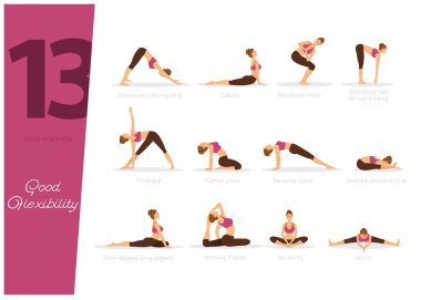İyi esneklik için 13 yoga vektör illüstrasyonu