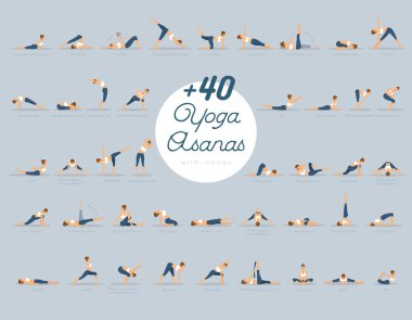 + 40 Yoga Asanas adları ile vektör çizim