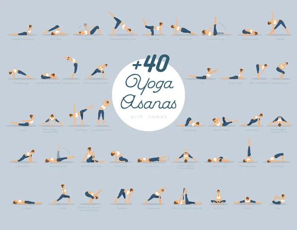 Ilustração Vetorial Yoga Asanas Com Nomes —  Vetores de Stock