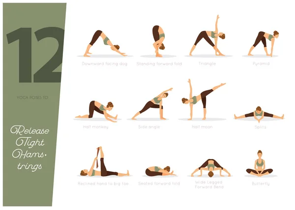 Ilustración Vectorial Posturas Yoga Para Liberar Isquiotibiales Apretados — Archivo Imágenes Vectoriales