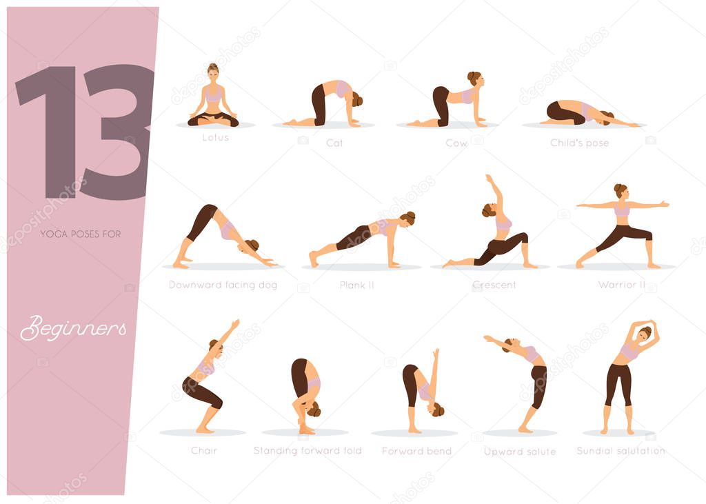 Vector illustration of 13 Yoga poses for beginner