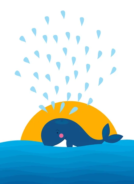 Gran ballena azul y sol — Vector de stock