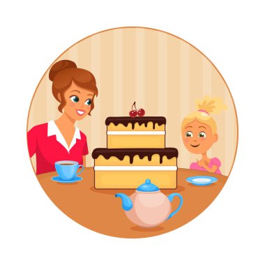 Çay içen kadın ve kız