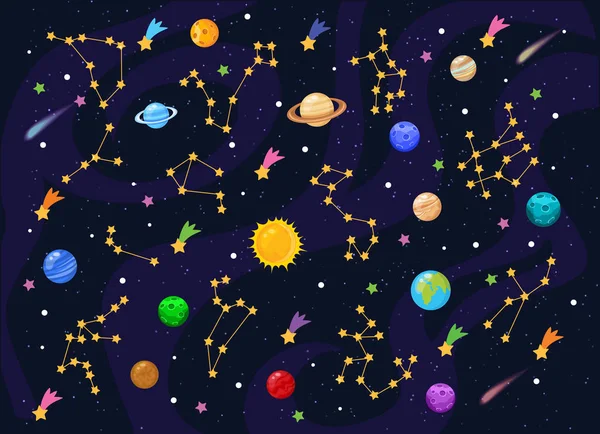 Fondo espacial con estrellas y planetas — Vector de stock