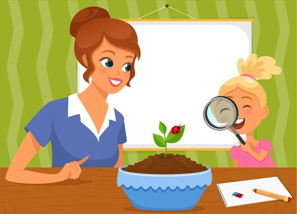 植物観察教師と少女 — ストックベクタ