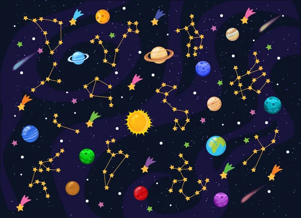 Fondo espacial con estrellas y planetas Ilustración De Stock