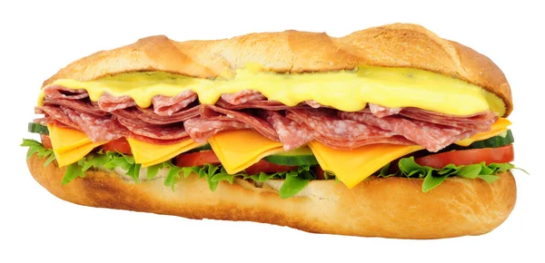 Salami Kaas Gevulde Stokbrood Sandwich Met Verse Salade Mayonaise Geïsoleerd — Stockfoto