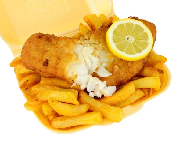 Fish Chips Polystyren Odnést Tác Izolovaných Bílém Pozadí — Stock fotografie