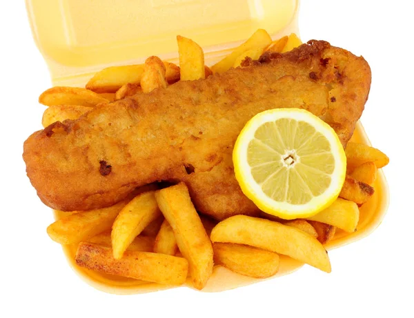 Fish Chips Polisztirol Elvenni Tálca Elszigetelt Fehér Background — Stock Fotó