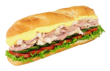 Beyaz bir arka plan üzerinde izole bir huysuz baget taze salata ile tavuk ve jambonlu sandviç