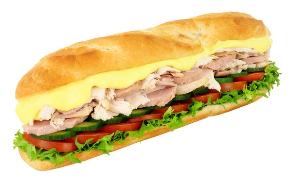 Sandwich Poulet Jambon Avec Salade Fraîche Dans Une Baguette Croustillante — Photo