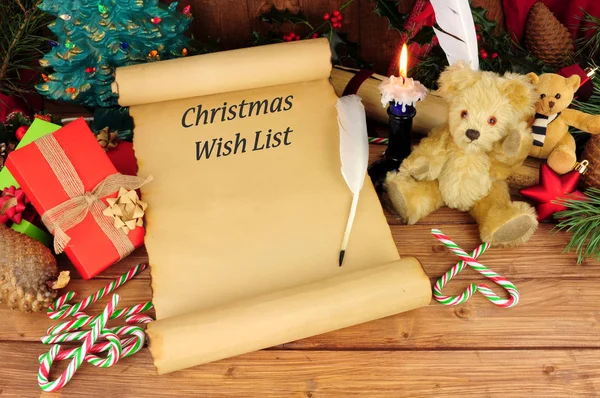 Christmas wish list with a festive nostalgic background and text saying Christmas wish list