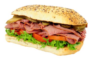 Beyaz bir arka plan üzerinde izole sığır pastırması ve salata sandviç