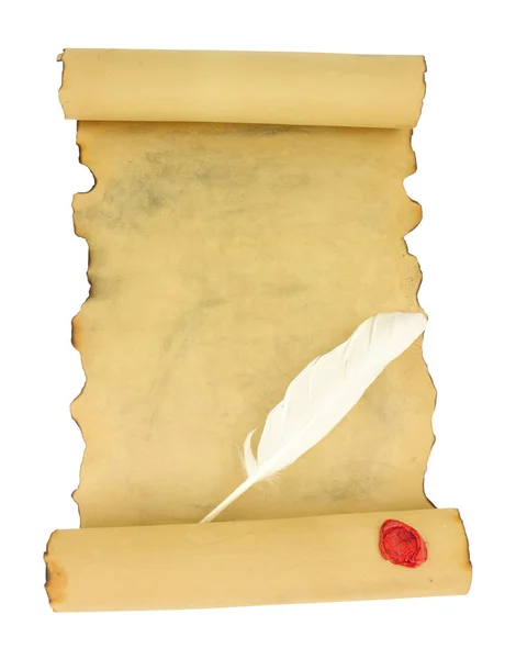 Old Vintage Paper Scroll Red Wax Seal Feather Quill Pen — Stock Photo, Image