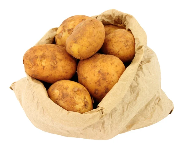 Fresh New Potatoes Brown Paper Bag Isolated White Background — Stock Photo, Image