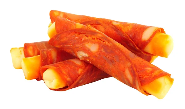 Gouda Ost Insvept Kryddig Chorizo Rollitos Isolerad Vit Bakgrund — Stockfoto