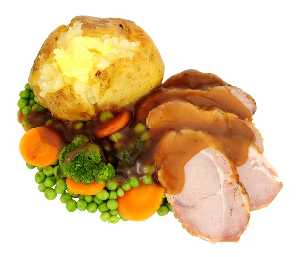 Geroosterd Varkensvlees Gepofte Aardappel Maaltijd Geïsoleerd Een Witte Achtergrond — Stockfoto