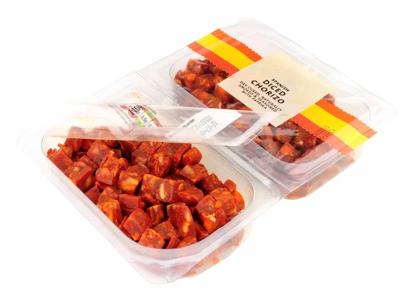 Pack Diced Spanish Chorizo Salami Isolated White Background — Stock Photo, Image