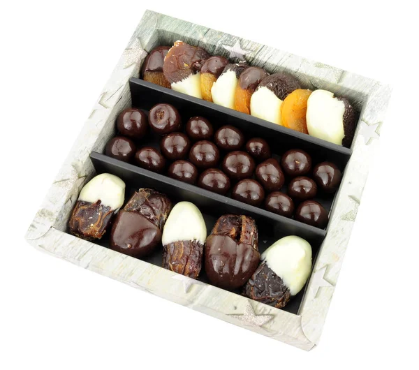 Box Chocolate Covered Dried Fruits Isolated White Background — Stock Photo, Image