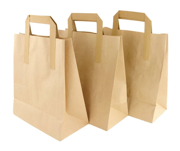 Three Plain Brown Paper Take Away Food Carrier Bags Handles — Stock Photo, Image