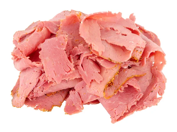 Haufen Dünn Geschnittenes Pastrami Fleisch Isoliert Auf Weißem Hintergrund — Stockfoto