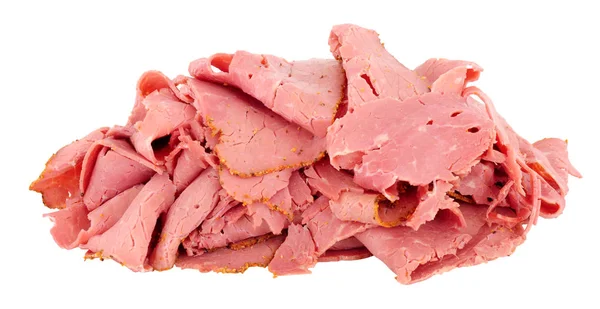 Stapel Dun Gesneden Pastrami Vlees Geïsoleerd Een Witte Achtergrond — Stockfoto