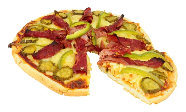 Carne Queijo Pastrami Coberto Pizza Isolada Fundo Branco — Fotografia de Stock