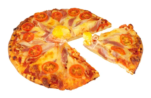 Pizza Aux Œufs Bacon Avec Tomate Fromage Isolés Sur Fond — Photo