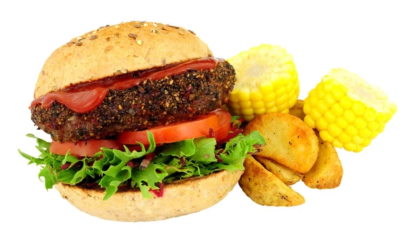 Peppered Beef Grill Steak Hamburger Met Verse Salade Aardappel Partjes — Stockfoto