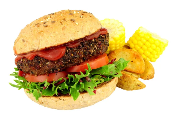 Peppered Beef Grill Steak Hamburger Met Verse Salade Aardappel Partjes — Stockfoto