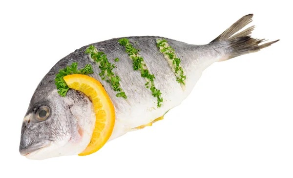 Pescado Entero Besugo Crudo Preparado Para Asar Aislado Sobre Fondo —  Fotos de Stock