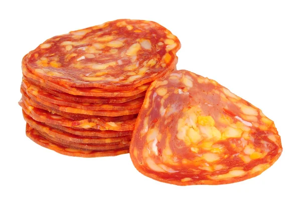 Speziato Chorizo Salsiccia Carne Fette Sfondo — Foto Stock