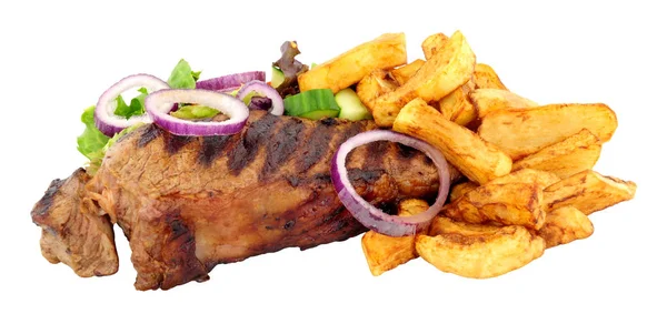 Dik Gesneden Sirloin Steak Chips Maaltijd Met Salade Geïsoleerd Een — Stockfoto