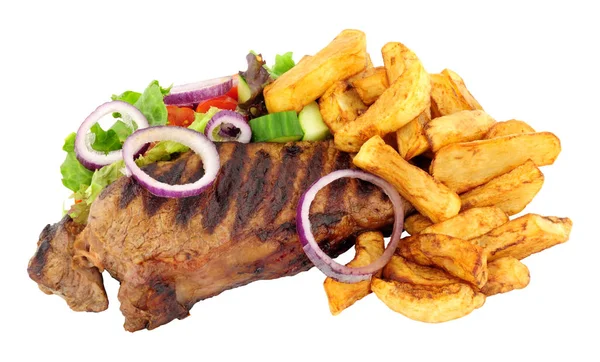 Dik Gesneden Sirloin Steak Chips Maaltijd Met Salade Geïsoleerd Een — Stockfoto