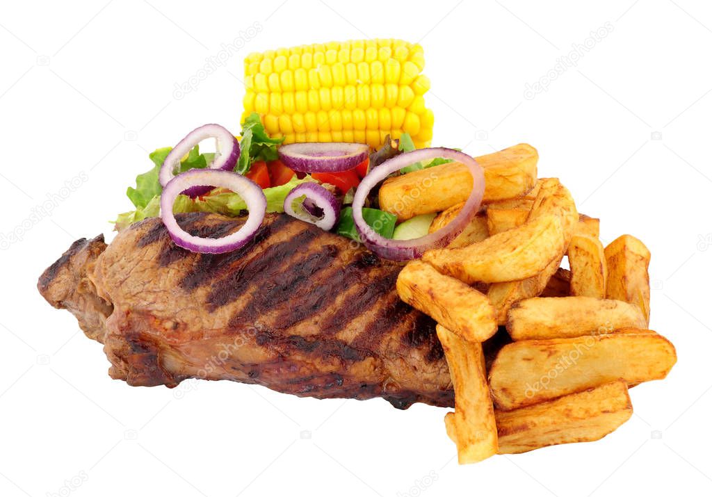 Thick cut sirloin steak and chips meal with salad, isolated on a white background