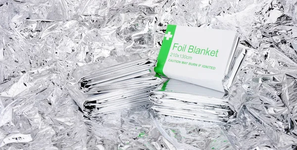 Emergency foil space blankets with a foil background