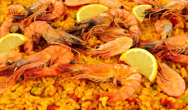 Paella Frutos Mar Frescos Com Casca Fundo Camarão — Fotografia de Stock