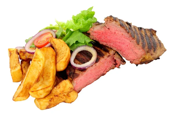 Zeldzame Gekookte Sirloin Steak Chips Maaltijd Met Salade Geïsoleerd Een — Stockfoto