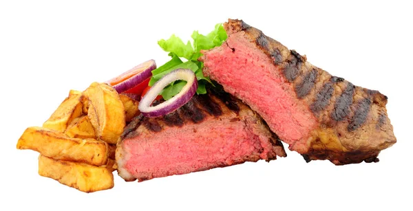 Zeldzame Gekookte Sirloin Steak Chips Maaltijd Met Salade Geïsoleerd Een — Stockfoto