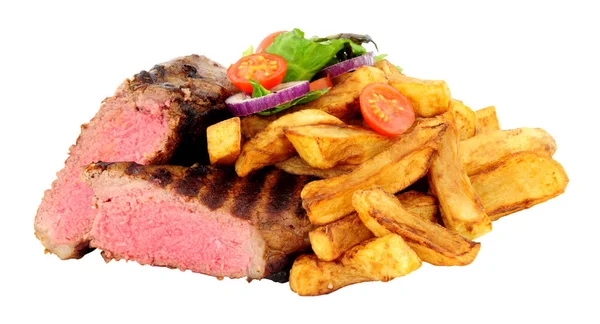 Rare Cooked Sirloin Steak Chips Meal Salad Isolated White Background — Stock Photo, Image