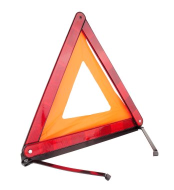 Acil durum yansıtıcı araba uyarı üçgen aşağı kırık bir araç, bir yasal gereklilik en Avrupa ülkelerinde başkalarının uyarmak için kullanılan beyaz bir arka plan üzerinde izole