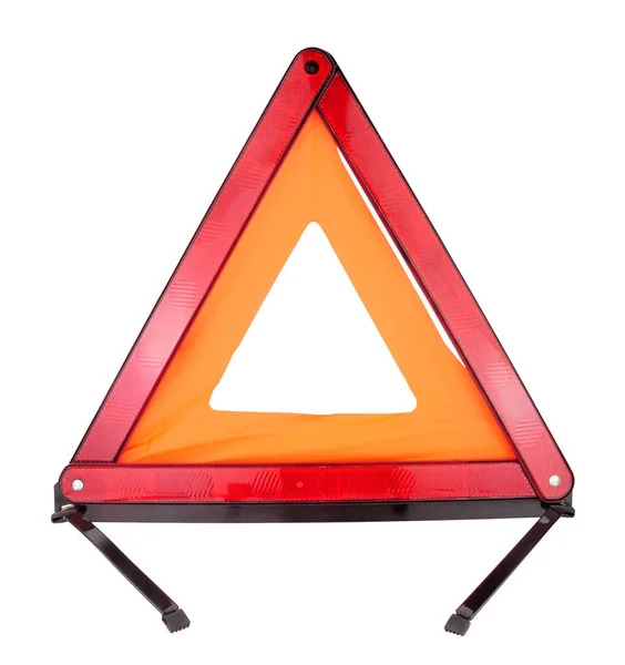 紧急反光汽车警告三角用来警告其他人有一辆抛锚的车辆 这是大多数欧洲国家的法律要求 被隔离在白色背景上 — 图库照片