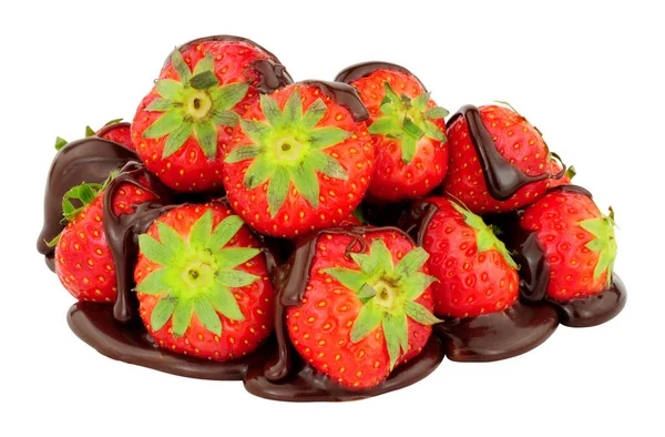 Frische Erdbeeren Mit Geschmolzener Schokoladensauce Isoliert Auf Weißem Hintergrund — Stockfoto