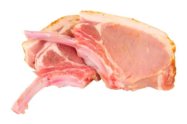 Two Fresh Raw Tomahawk Pork Chops Isolated White Background — Stock Photo, Image